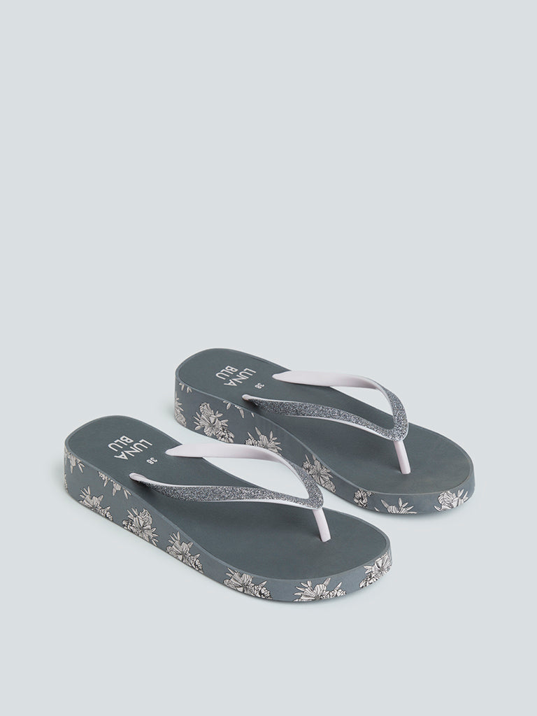 LUNA BLU Grey Floral Print Wedge-Heel Flip-Flops